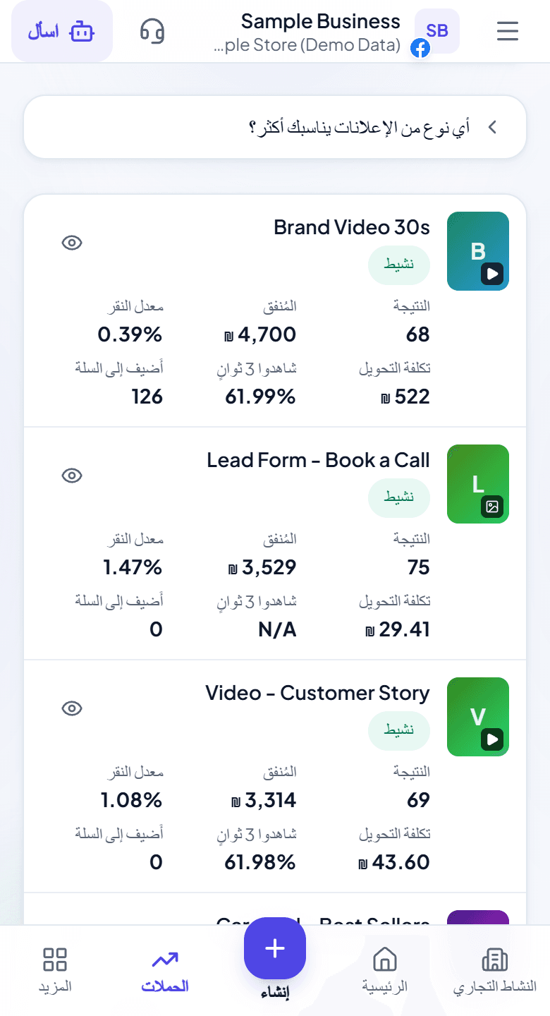 صفحة الإعلانات في Adstyr ترتّب كل إعلان حسب التقييم والإنفاق ونسبة النقر وتكلفة التحويل