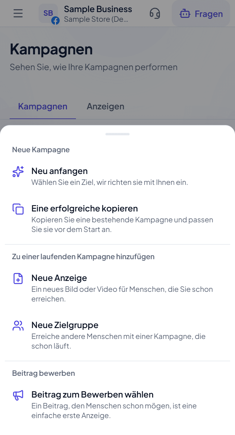 Adstyrs Menü für neue Kampagnen mit mehreren Kampagnenzielen zur Auswahl