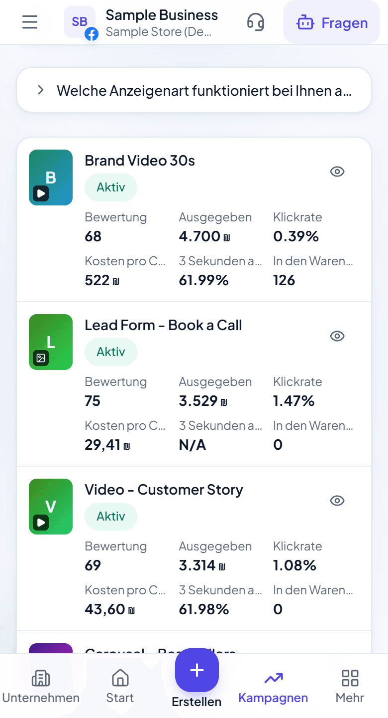 Adstyrs Anzeigenseite, die jede Anzeige nach Score, Ausgaben, Klickrate und Kosten pro Conversion reiht