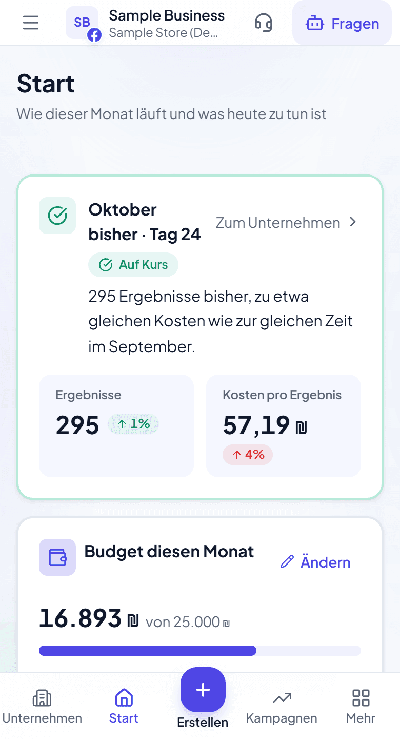 Adstyr-Startseite mit Werbeausgaben, Ergebnissen und Kosten pro Ergebnis eines Unternehmens