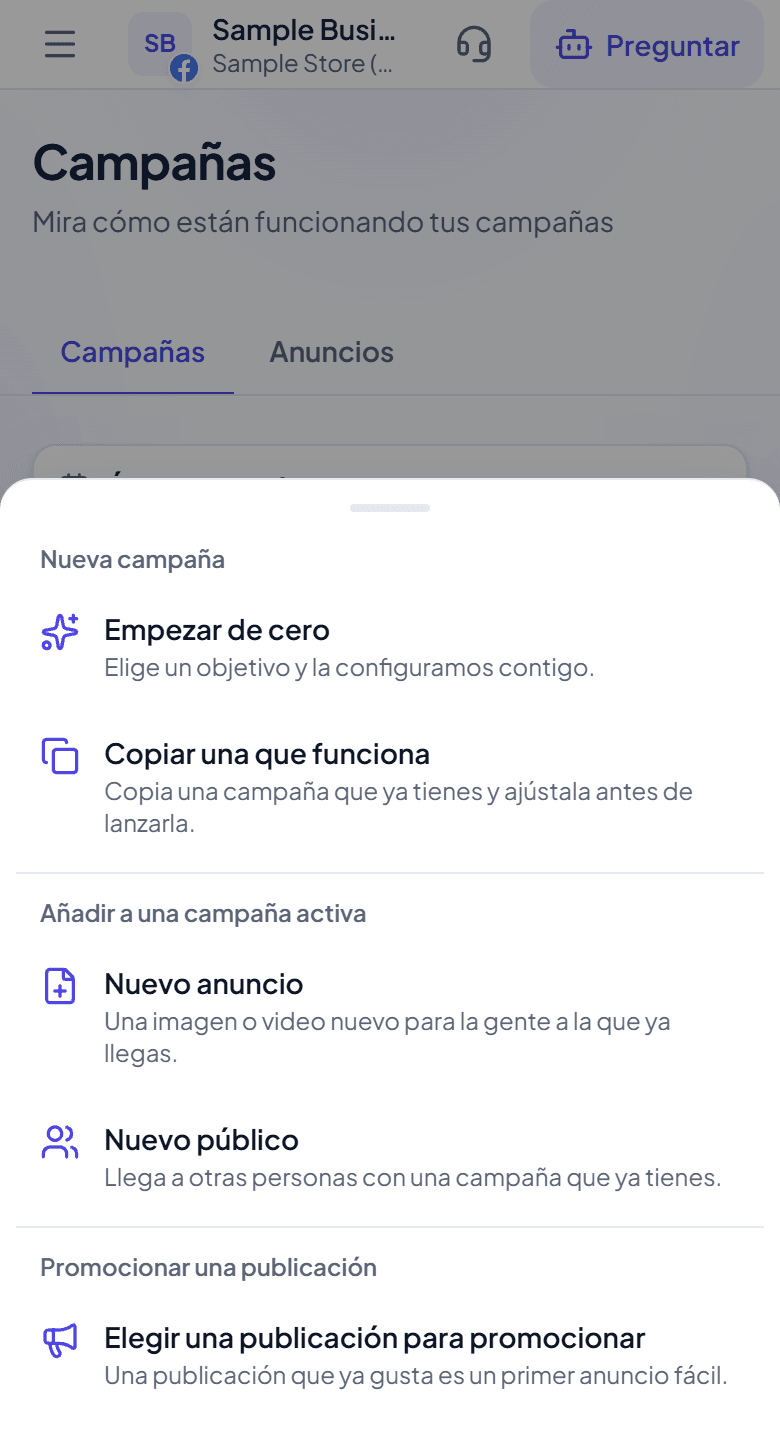 Menú de nueva campaña de Adstyr con varios objetivos para elegir