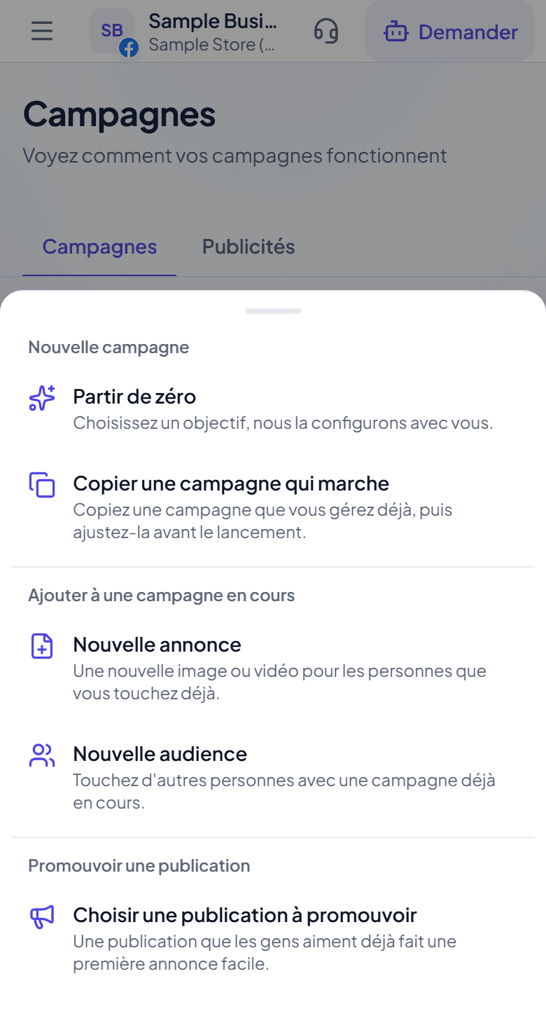 Menu de nouvelle campagne d'Adstyr avec plusieurs objectifs au choix
