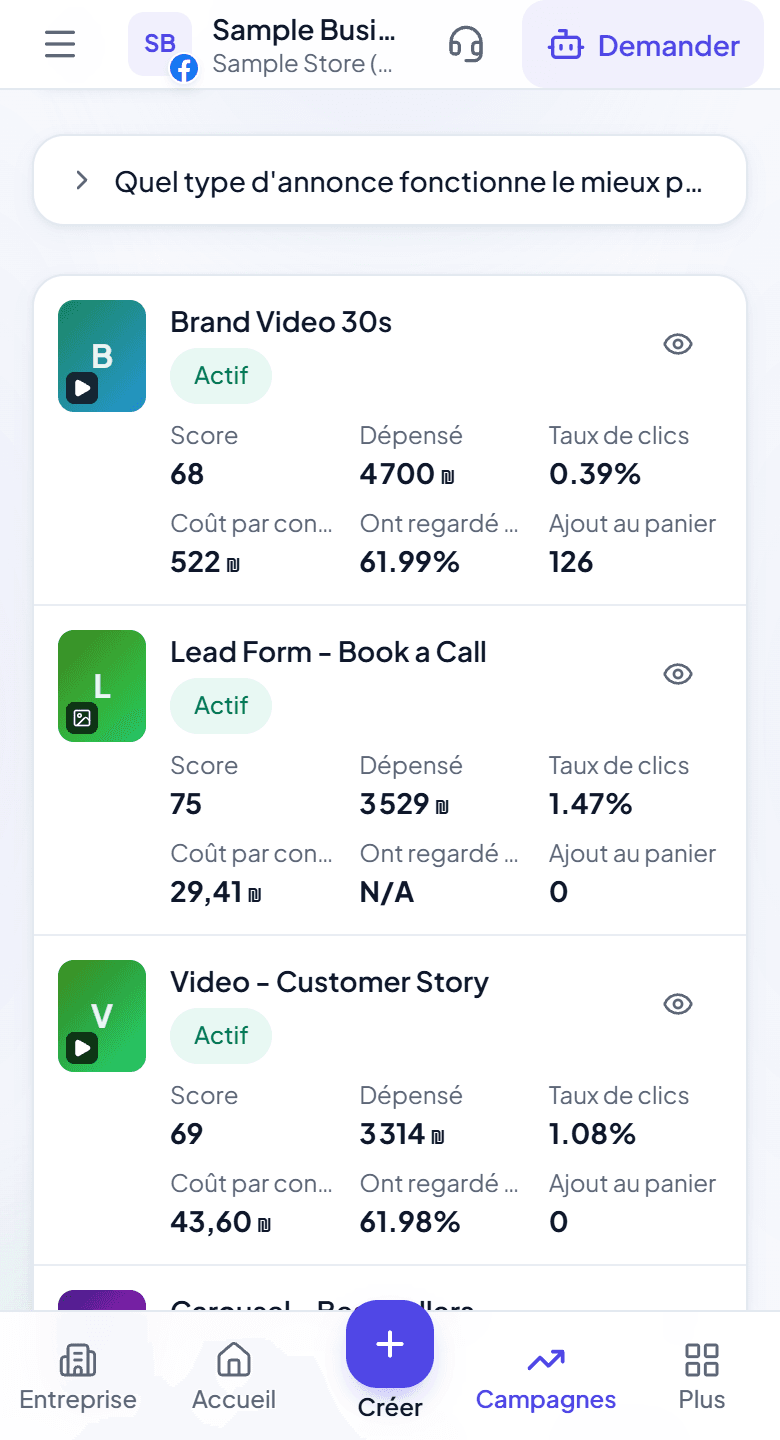 Page Publicités d'Adstyr qui classe chaque pub par score, dépenses, taux de clic et coût par conversion
