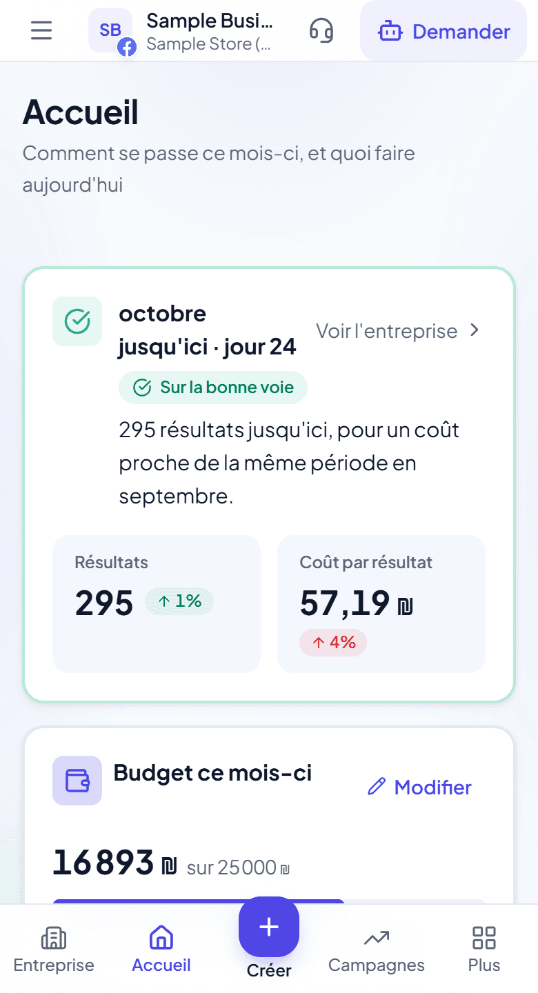 Écran d'accueil d'Adstyr avec les dépenses, les résultats et le coût par résultat d'une entreprise