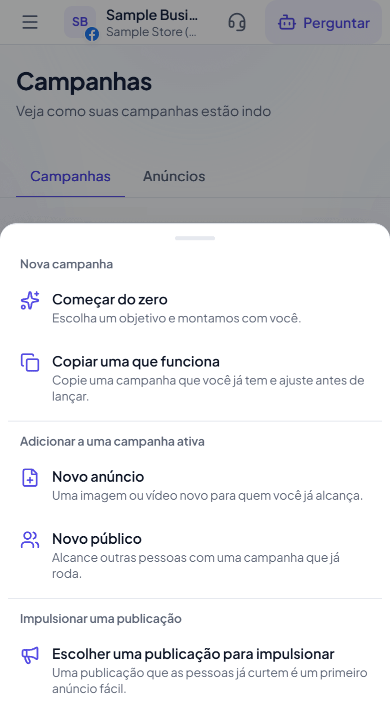 Menu de nova campanha do Adstyr com vários objetivos para escolher