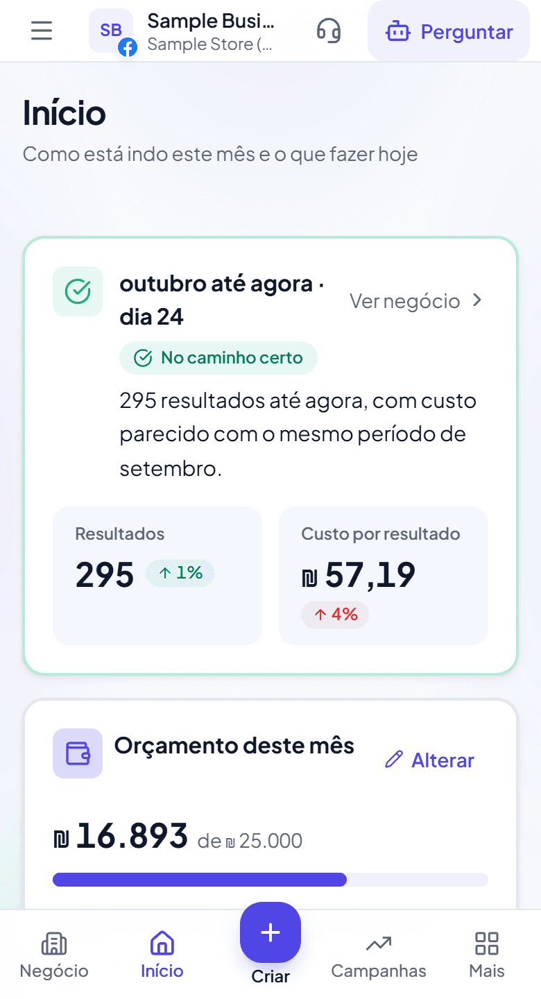 Tela inicial do Adstyr com o investimento, os resultados e o custo por resultado de um negócio