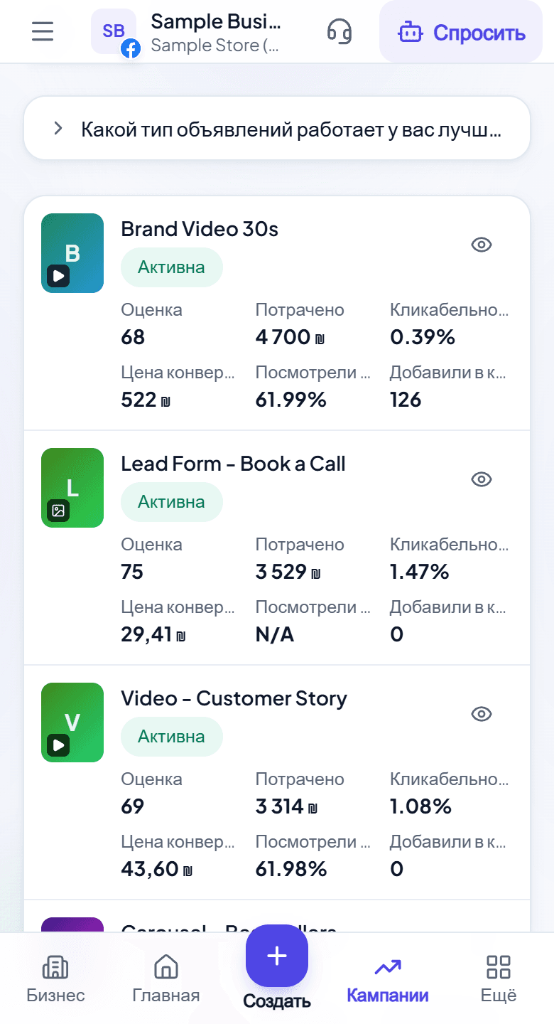 Страница объявлений Adstyr, где каждое объявление ранжировано по оценке, расходам, CTR и цене конверсии